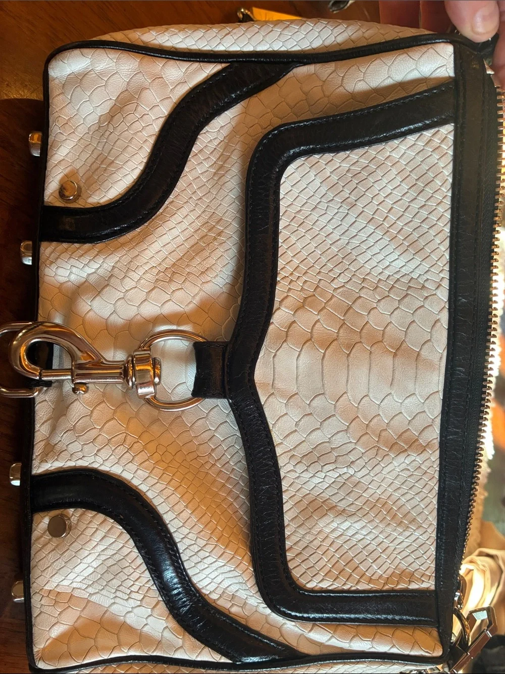Rebecca Minkoff Cream and Black Faux Snakeskin Satchel with Gold Plaque